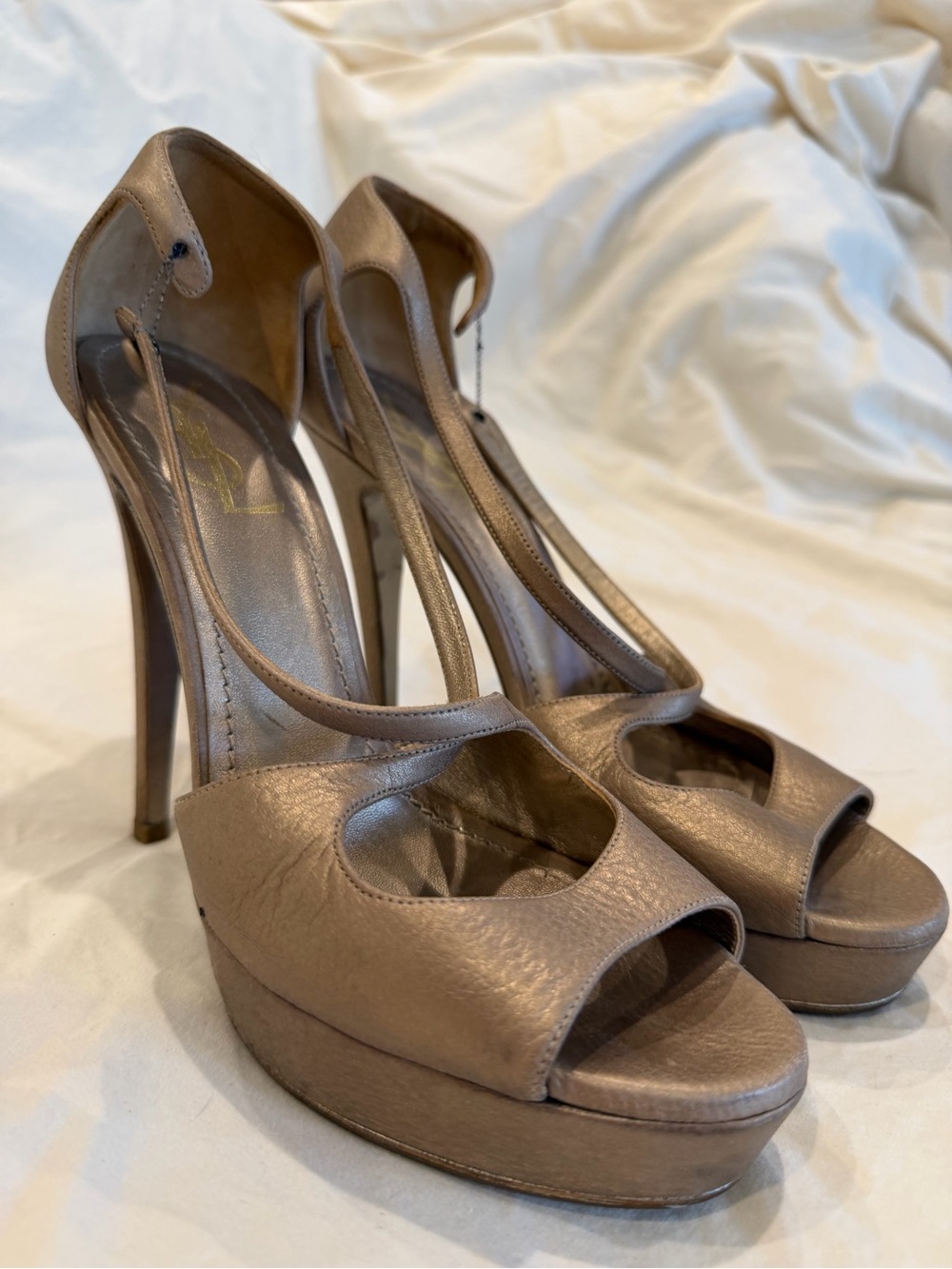 Yves Saint Laurent Taupe Open-Toe Platform Stiletto Heels